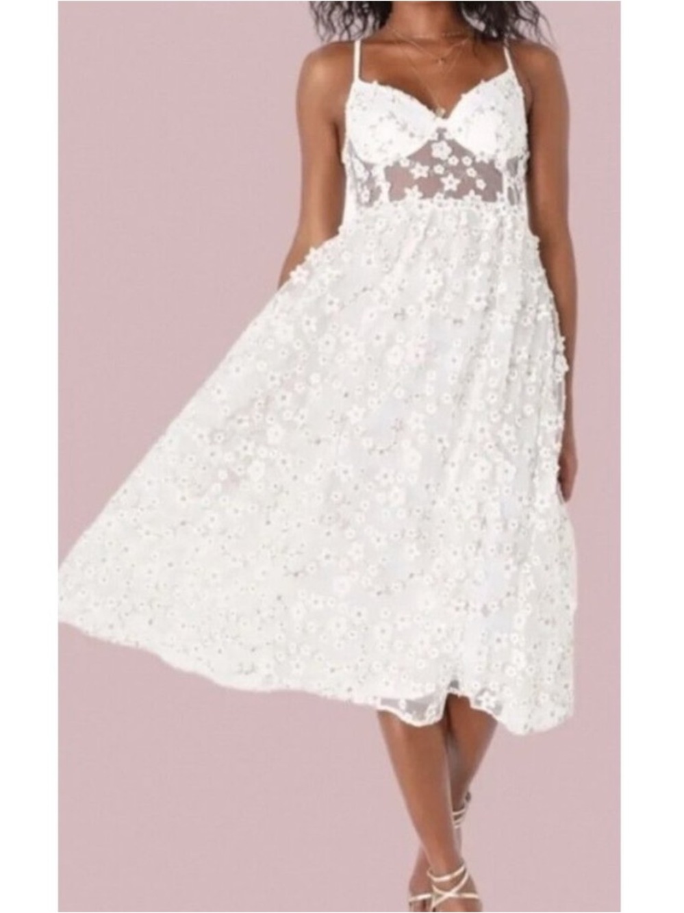 Lulus Darling Romance White Tulle Gold Floral Appliqué Midi Dress Size XL